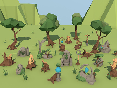 Elven Runes Stones and Wooden Sculptures 3D Models