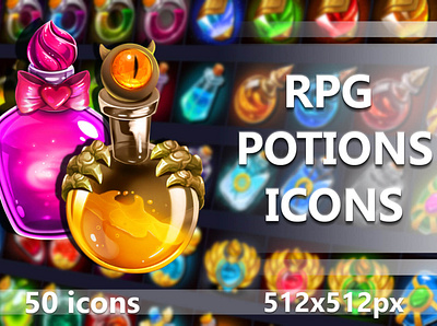 50 RPG Potion Icons Pack 2d game game assets gamedev icons icons pack icons set iconset indie game potion rpg
