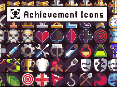 60 Achievement Icons Pixel Art 2d achievement game assets gamedev icon icon set icons indie game pixel art pixelart