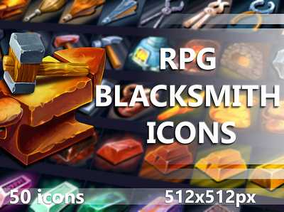 50 RPG Blacksmith Game Icons 2d blacksmith fantasy game assets gamedev icon icon set icons indie game rpg