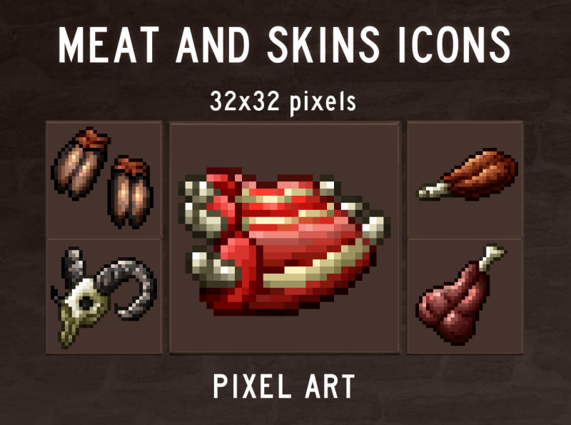 48 Meat and Skins Pixel Art Icons by 2D Game Assets on Dribbble