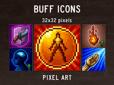 48 Buff Skill Pixel Art Icons 2d craftpix gameassets gamedev icons indie game indiedev pixelart rpg skill