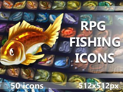 50 Fishing RPG Icons 2d craftpix game assets gameassets gamedev icons indie game indiedev