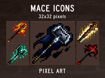 48 Mace Pixel Art Game Icons 2d fantasy game assets gamedev indie game mace pixelart rpg