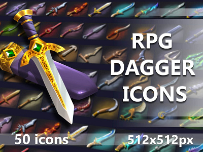 50 RPG Dagger Icons 2d dagger fantasy game game assets gamedev icon icons indie game indiedev rpg