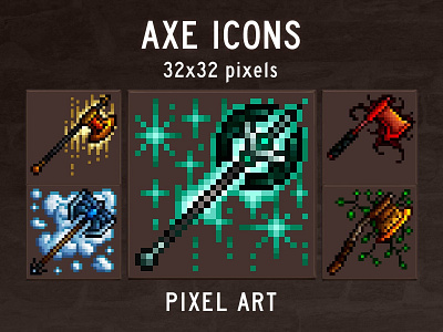 48 Axe Icons Pixel Art axe fantasy game assets gamedev icon icons indie game pixelart rpg rpg icons