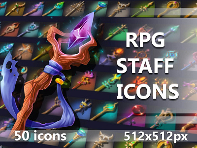 50 RPG Staff Icons 2d fantasy game assets gamedev icon icons indie game indiedev rpg rpg icons