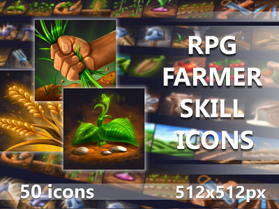 50 RPG Farmer Skill Icons 2d farm game game assets gamedev icon icons indie game indiedev skill