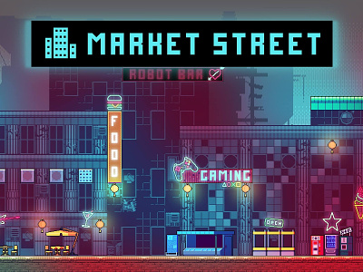 Cyberpunk Market Street Pixel Art 2d cyberpunk game assets gamedev indie game pixel art pixelart platformer tileset
