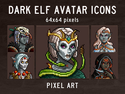 Dark Elf Portrait Icons Pixel Art 2d avatar fantasy icons game assets gamedev icons indie game pixel art pixelart portrait rpg rpg icons