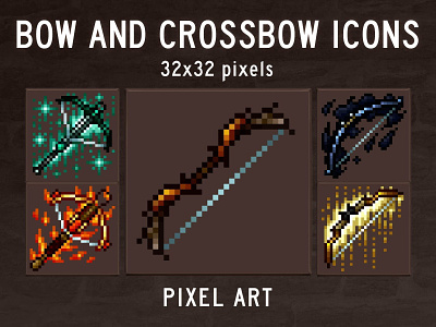 Free Bow and Crossbow Pixel Art Icons 2d bow bow icons crossbow crossbow icons fantasy icon fantasy icons game assets icon icon pack icons indie game pixel art icons pixel icon pixel icons pixelart rpg rpg icons weapon weapon icons