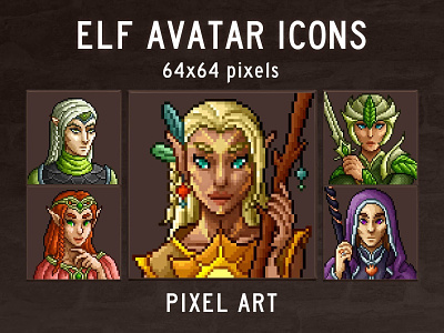 Elf Portrait Icons Pixel Art 64x64 art asset assets avatar avatars character characters elf elfo elfs pixel pixelart pixelated portrait portraits wizard wizards