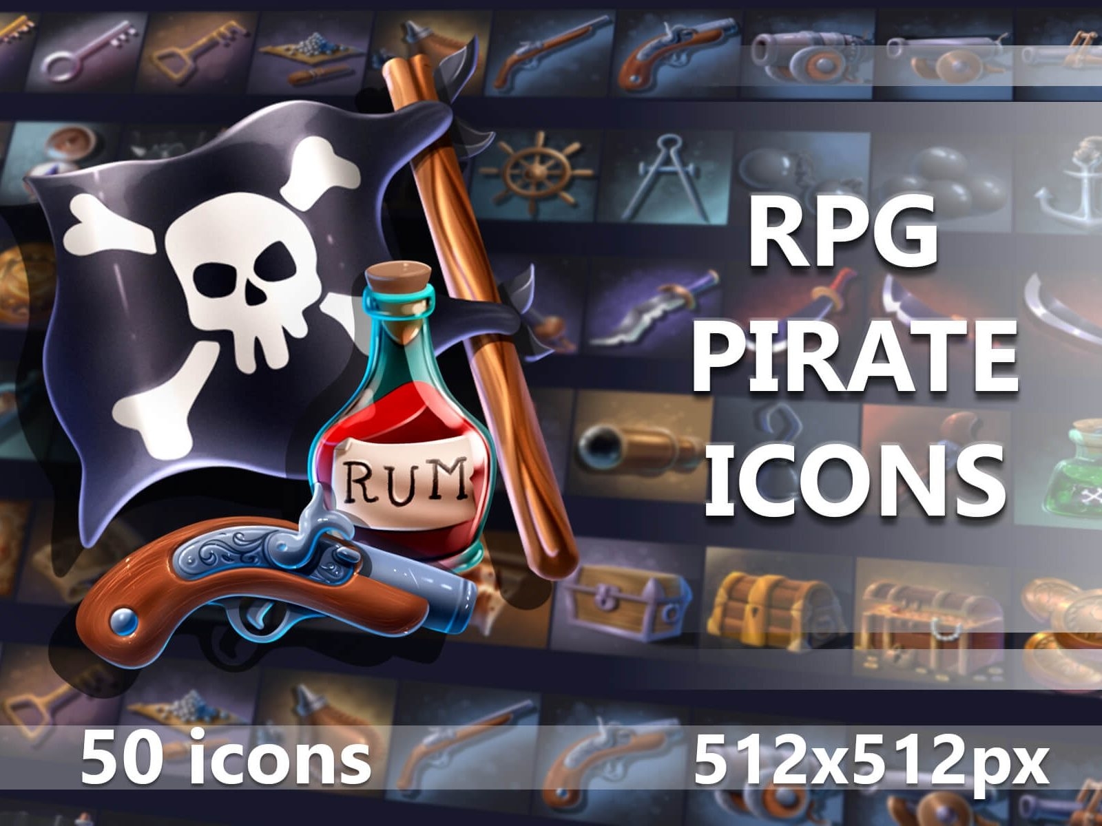 50 RPG Pirate Icons 2d art asset assets element game games icon icone icons illustration indie package pirate pirates rpg set sets skill skills