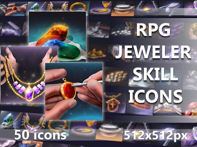 50 RPG Jeweler Skill Icons 2d art asset assets cristal diamond diamonds gamedev gem gems icon icons indie indie game jewel jewelry jewels rpg skill skills