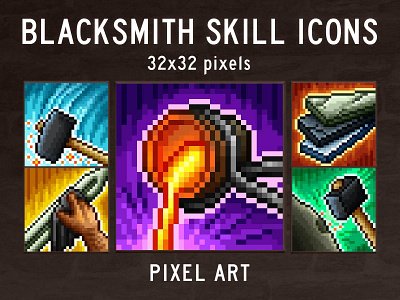 Blacksmith Skill Icon Pack 2d assets blacksmith game gamedev icon icone icons indie mmo mmorpg pixel pixelart pixelated rpg set sets skill skills