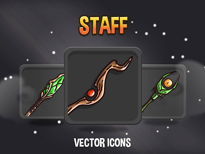 Staff Game Icons Pack 2d assests asset assets fantasy game gamedev icon icone icons indie mmo mmorpg rpg set sets staff vector weapon weapons