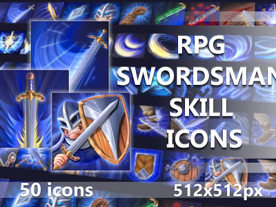 RPG Swordsman Skill Icons 2d art asset assets fantasy gamedev icon icone icons indie middle age mmo mmorpg pack rpg skill skills sword swords swordsman