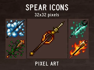 Spear Pixel Art RPG Icons 2d art asset assets game gamedev icon icone icons indie mmorpg pixel pixelart pixelated rpg set sets spear weapon weapons