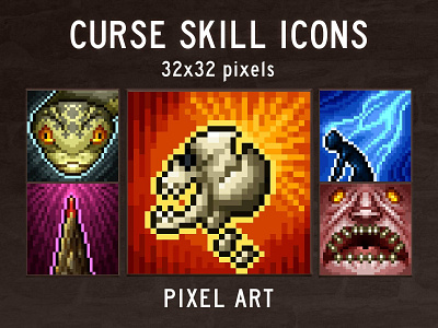 48 Curse Pixel Art Icons 2d art asset assets fantasy game gamedev icon icone icons indie mmorpg pack pixel pixelart pixelated rpg set skill skills