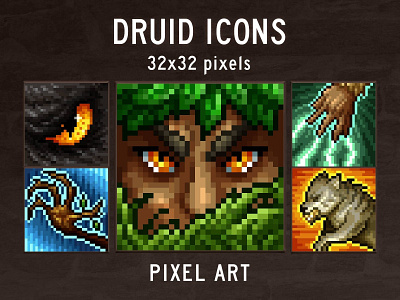 Druid Skills Pixel Art Icon Pack 2d 32x32 art asset assets druid game gamedev icon icone icons indie magical pixel pixelart pixelated rpg set skill skills