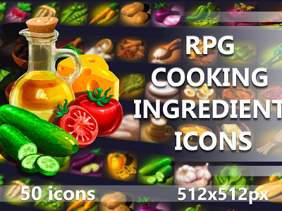 RPG Cooking Ingredient Icon Pack 2d art asset assets cooking eat food game gamedev icon icone icons illustration indie ingredients mmo mmorpg rpg set sets