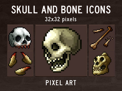 Skull and Bone Pixel Art Icons 2d 32x32 asset assets bone fantasy game gamedev icon icone icons indie mmo pixel pixelart pixelated rpg set sets skull