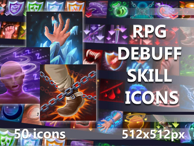 50 RPG Debuff Skill Icons 2d art asset assets debuff fantasy game gamedev icon icons indie indie game mmo mmorpg pack rpg set sets skill skills