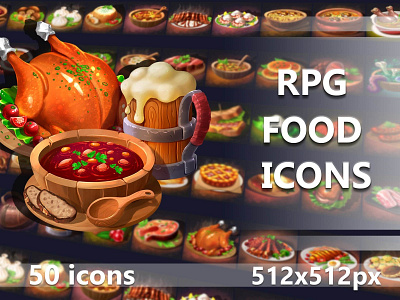 50 RPG Food Icons 2d art asset assets chiken fish food game gamedev icon icone icons illustration indie meat mmo pack rpg set sets