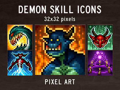 Demon Skill Icons Pixel Art art asset assets demon devil diablo evil fantasy game icon icons indie mmo pixel pixelart rpg set sets skill skills