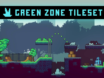 Free Green Zone Tileset Pixel Art 2d 32x32 art asset assets cyberpunk game gamedev indie game level location pack pixel pixelart pixelated png psd set tileset tilesets
