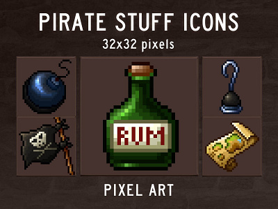 Free Pirate Stuff Pixel Art Icons 32x32 art asset assets fantasy game gamedev icon icone icons indie indie game item items pack pirate pixel rpg set sets