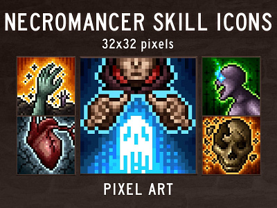 Necromancer Skill Pixel Art Icons 32x32 art assets fantasy game gamedev icon icons indie magic necro necromancer pixel pixelart pixelated psd rpg set skill skills