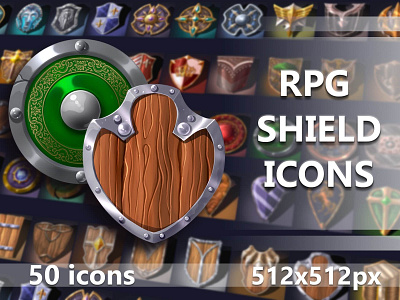 50 Shields RPG Icon Pack 2d armor art asset assets fantasy game gamedev icon icone icons indie indie game pack rpg set sets shield shields v