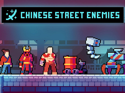 Enemies Chinese Street Pixel Art 2d art asset assets character chinese cyber cyberpunk enemy enimies game indie machine pack pixel pixelart pixelated robot robots set