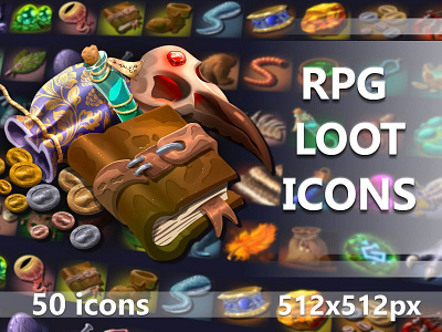RPG Loot Game Icons 2d art asset assets craft crafting fantasy game gems icon icone icons indie inventory items loot mmorpg pack rpg set