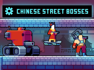 Bosses Chinese Street Pixel Art 2d art asset assets bosses character cyberpunk cyborg enemy gamedev indie pack pixel psd set sets sprite sprites spritesheet tank