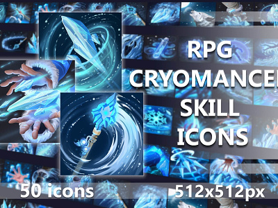 50 RPG Cryomancer Skill Icon Pack 2d art asset assets cold fantasy game icon icone icons indie magic magical mmorpg pack rpg set sets skill skills