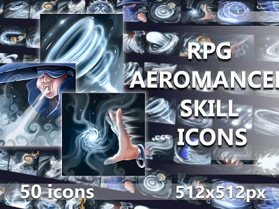 Free 50 RPG Aeromancer Skill Icons 2d art asset assets fantasy game gamedev icon icone icons indie magic mmo mmorpg pack psd rpg set skill skills