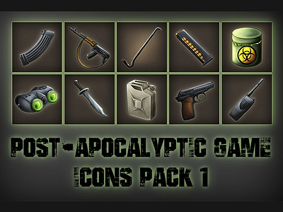 Post-apocalypse – Free Icons 2d apocalypse apocalyptic asset assets future game gamedev icon icons indie items pack post apocalypse post apocalyptic rpg survival weapon weapons