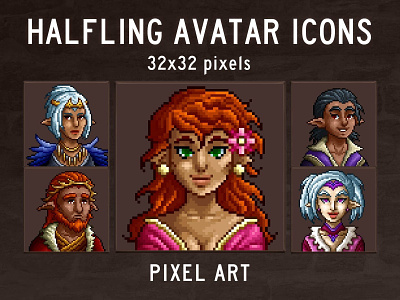 Free Halfing Avatar Icons 2d 64x64 art asset assets avatar avatars fantasy game gamedev icon icons indie pixel pixelart pixelated portrait portraits rpg set