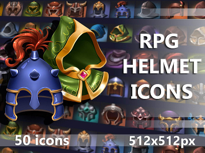 RPG Helmet Icons 2d armor asset assets fantasy game gamedev helmet icon icone icons indie items medieval mmo mmorpg pack rpg set sets