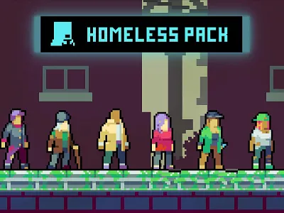 Homeless Character Pixel Art Pack 2d art asset assets character cyberpunk game gamedev homeless indie man people personage pixel pixelart pixelated platformer set woman