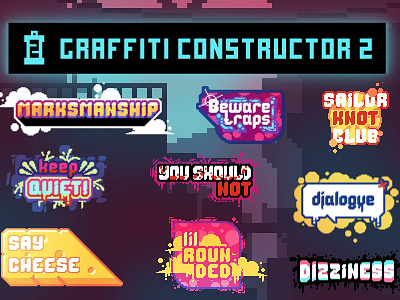 Graffiti Constructor Pixel Art Pack 2 2d art asset assets cyberpunk decoration decorations element game gamedev graffiti indie logo pack pixel pixelart pixelated set template text