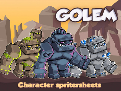 2D Fantasy Golems Sprite Sheets character fantasy gamedev gaming golems platformer rpg superhero tower defence