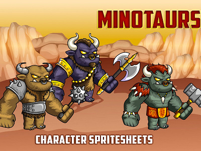 2D Fantasy Minotaurs Sprite Sheets character fantasy gamedev gaming minotaurs platformer rpg superhero tower defence