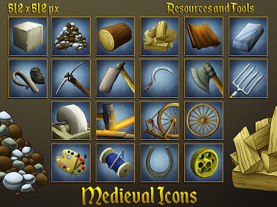 20 Medieval Icons: Resources and Tools game icons gamedev icon medieval rpg