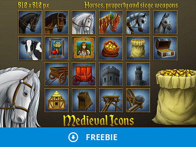 Free Medieval Icons: Horses, property and siege weapons coins free gamedev horses icon set icons medieval siege