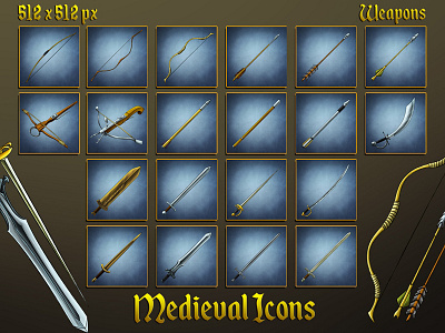 20 Medieval Icons: Swords, Bows, Arrows and Bolts game icons gamedev icon medieval rpg