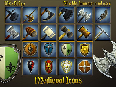 20 Medieval Icons: Shields, Hammers and Axes game icons gamedev icon medieval rpg