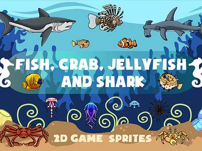 Fish Crab Jellyfish and Shark Game Sprites 2d art game 2d game 2d sprites art game crab fish jellyfish shark sprites